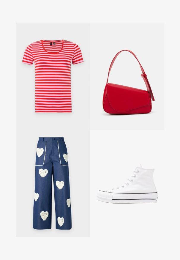 Rød og lyserød stribet T-shirt, kortærmet, med rund halsudskæring, lavet af blødt stof, med jævnt fordelte vandrette striber.; Sister Jane HEART TO HEART - Jeans Straight Leg - blue denim; Hvide høje kanvas sneakers med sort gummisål, gummitåhætte foran og seks øjehuller til snørebånd, der har et rent, minimalistisk design.; Rød læderhåndtaske med et kantet, geometrisk design. Har en enkelt justerbar rem og en klaplukning med syede detaljer.