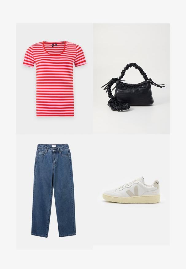 Punane ja roosa triibuline T-särk, lühikeste varrukatega, ümmarguse kaelusega, pehmest kangast, millel on ühtlaselt jaotunud horisontaalsed triibud.; Klassikalised sinised denimists teksad otsejalaga disainiga, viie taskuga ja nööbisuletusega. Omab keskmist pesu ja tugevat tekstuuri.; Valge nahast tenniseking, millel on beežist siidist aktsent ja aukudega varvas, lame paelad ja tekstureeritud koorevärvi tallad. Omab nüansirikast brändimist kannal.; Must must sünteetilisest nahast käekott, millel on krokodillimuster, kokku tõmmatav ülaosa ja kortsus rihm. Tundub pehme ja kompaktne disain.