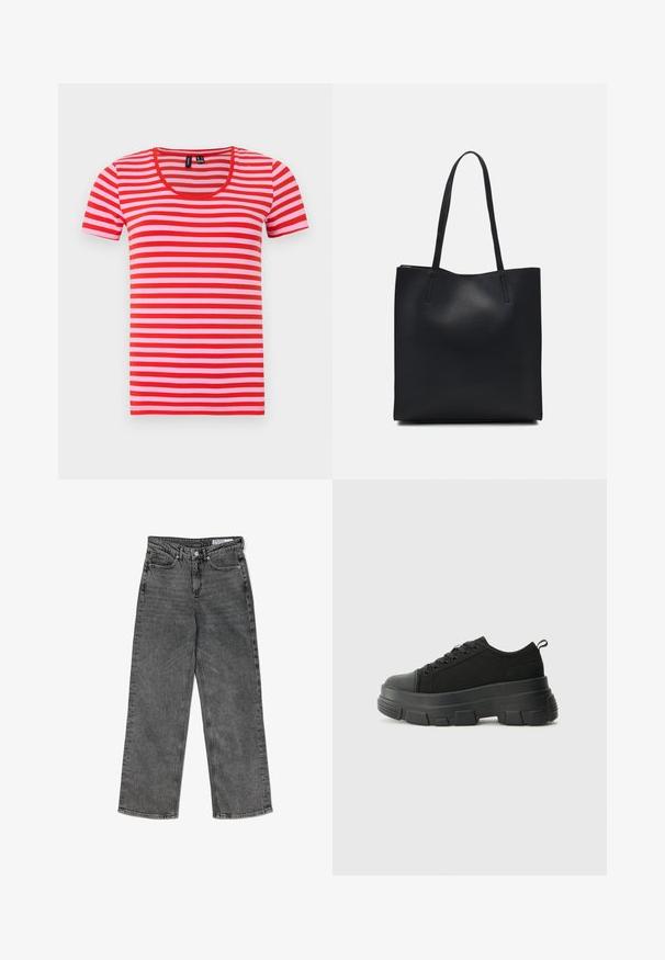 Sarkana un rozā svītru T-krekls, īsām piedurknēm, ar apaļu kakla izgriezumu, izgatavots no mīksta auduma, ar vienmērīgi izvietotām horizontālām svītrām.; Augstas jostas melni izbalējuši taisni džinsi ar priekšējām kabatām, jostas cilpiņām, pogu aizdari un ar zīmola iekšējo jostasvietas etiķeti.; Melnas kedas ar masīvu gumijas zoli, teksturētu auduma augšdaļu, apaļu purngalu un saistīšanas dizainu. Iekļautas pastiprinātas acs atveres un aizmugurējais cilpiņas siksniņa.; Melnas ādas somiņa ar gludu tekstūru, taisnstūra formu un divām garām rokturiem. Nav redzamu aparatūras vai rotājumu.