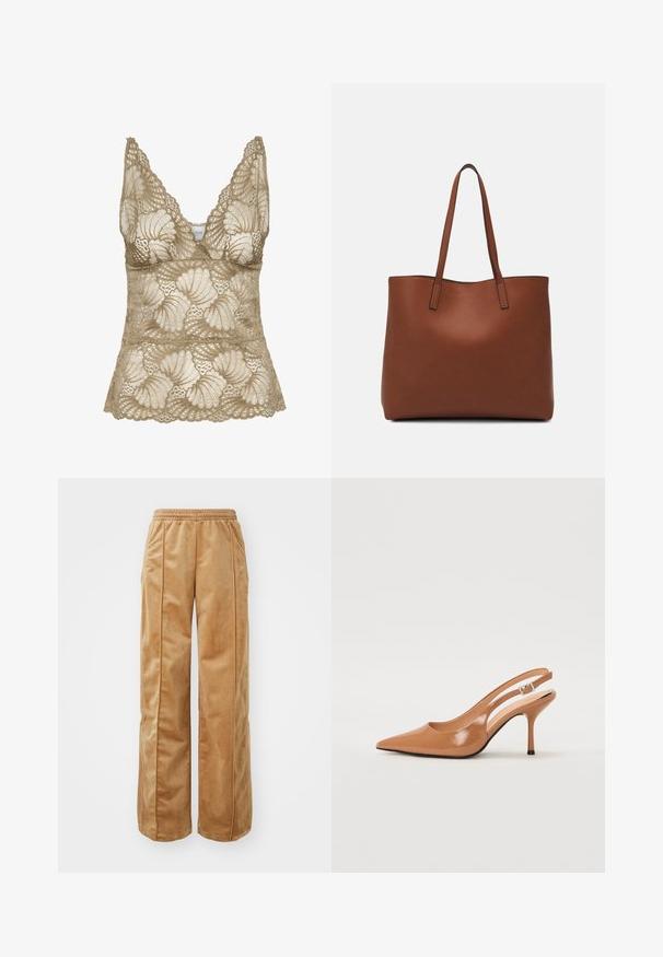 Bežinis nėriniuotas korsetas su V formos iškirpte, su banguotais kraštais ir gėlių raštu. Minkšta tekstūra su išsamiu apdaila.; Kreminės pločio kojų kelnės, pagamintos iš švelnaus, veliūrinio audinio. Yra elastinga juosmens juosta ir vertikalios siūlės priekyje, suteikiančios papildomo akcento.; Pailgų smailiu pirštu slingback kulnas, pagamintas iš lygaus, blizgaus rudos spalvos medžiagos. Yra kreivų išpjovimų dizainas ir lieknas stiletto kulnas. Sidabrinė sagtis.; Ruda odinė priekabų krepšys su glotnia tekstūra, atviru viršumi ir dviem petnešomis. Su minimalia siuvimo detalėmis ir nematoma aparatūra.