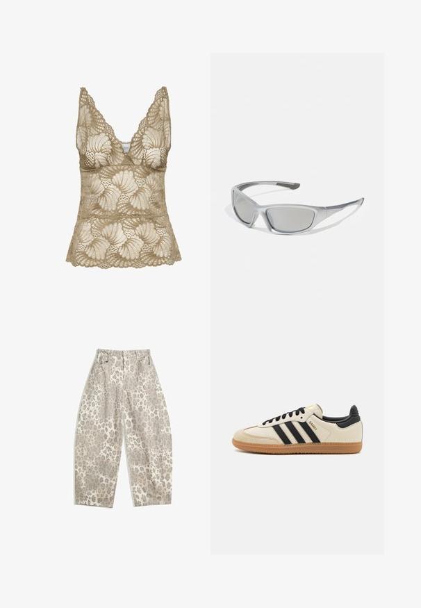 Beige Spitzen-Camisole mit V-Ausschnitt, mit gewellten Kanten und floralem Muster. Weicher Stoff mit feinen Details.; Leoprint-Hose in einem hellbeigen Farbton, mit einem hoch sitzenden Design, weitem Bein und zwei frontalen Taschen. Hergestellt aus einem glatten Stoff.; Beige Sport Schuh mit schwarzen Streifen, Gummisohle und schwarzen Akzenten. Verfügt über ein Obermaterial aus glattem Leder und ein rundes Zehendesign.; Graue Sonnenbrille mit einem eleganten, leichten Kunststoffrahmen. Verfügt über getönte graue Gläser und strukturierte Seitenelemente für zusätzlichen Halt.; Schwarze und silberne adidas-Handtasche mit einer glatten Textur, die ein glänzendes, genietetes Muster und ein markantes, geschwungenes Design aufweist.