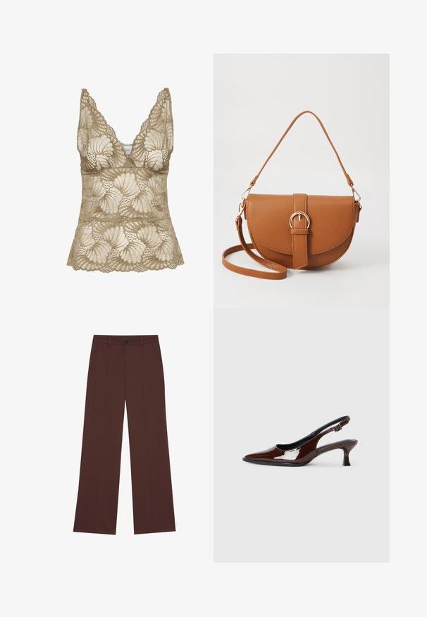 Bež sametni top s čipkastimi detajli, s V-izrezom, s valovitimi robovi in cvetličnim vzorcem. Mehka tekstura z zapletenim okrasjem.; Široke hlače iz bogateg rjavega blaga. S funkcijo zaklepanja z gumbom, dvema sprednjima žepoma, gladko teksturo in čistimi liniami.; Rjavi lakirani slingback čevelj z ostro konico in zmerno peto. Ima zaponko za varno prileganje. Gladka tekstura.; Rjava usnjena torbica prek telesa s ukrivljeno obliko, zlate opreme in sponko. Ima odstranljiv naramni trak.