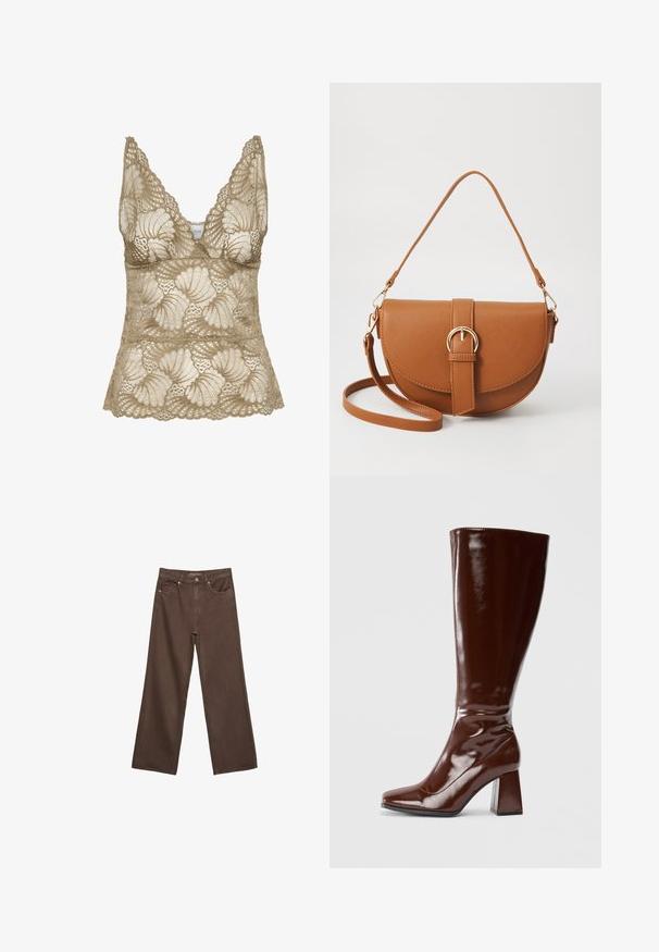 Bež sametni top s čipkastimi detajli, s V-izrezom, s valovitimi robovi in cvetličnim vzorcem. Mehka tekstura z zapletenim okrasjem.; Široke rjave kavbojke iz denima, ki imajo visok pas, sprednje žepe in klasično zapiranje na gumb. Gladka tekstura s subtilnim šivom.; Bordeaux visoke škornje iz paten usnja z kvadratnim nosom, sijajno zaključno obdelavo in masivnim peto za stabilnost. Brezšiven dizajn brez vidnega okovja.; Rjava usnjena torbica prek telesa s ukrivljeno obliko, zlate opreme in sponko. Ima odstranljiv naramni trak.