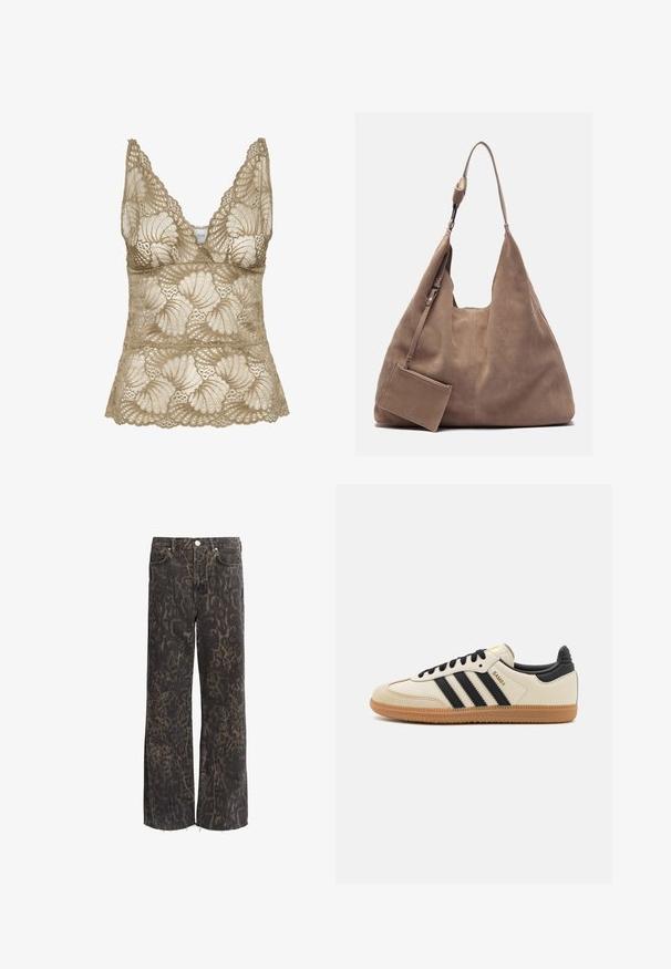 Top de camiseta de encaje en beige con escote en V, con bordes ondulados y un patrón floral. Textura suave con detallado intrincado.; Jeans de pierna ancha negros con un estampado de leopardo, fabricados en denim, con un dobladillo sin acabar y herrajes de botón plateados. Dos bolsillos en la parte frontal.; Zapatilla deportiva beige con rayas negras, suela de goma y acentos negros. Presenta un upper de cuero suave y un diseño de punta redondeada.; Zign LEATHER - Bolso shopping - light brown