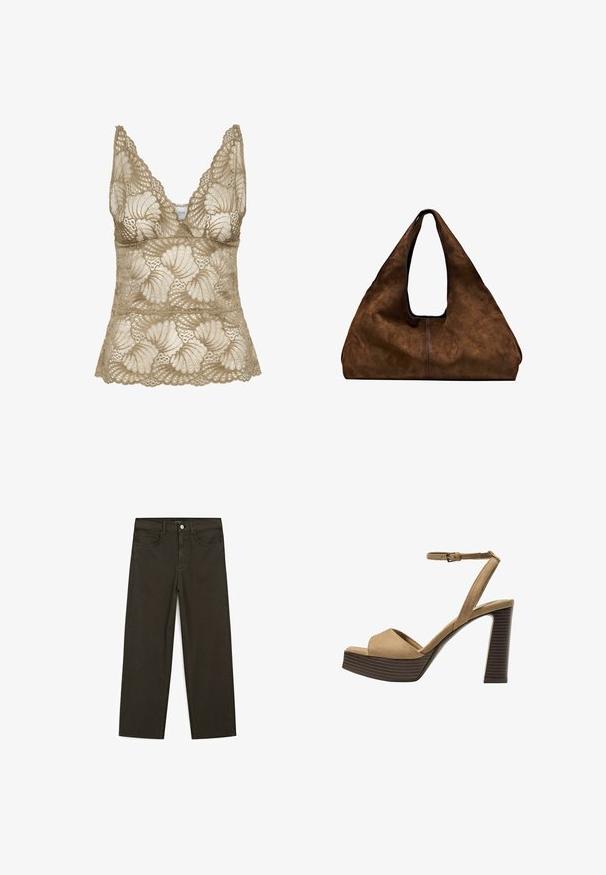 Beige kant camisole-top met een v-hals, voorzien van gegolfde randen en een bloempatroon. Zachte textuur met verfijnde details.; Donkergroene wijde jeans van een katoenmix, met een sluiting met een voorste knop, vijf zakken en klassieke denimstiksels.; Beige suède hoge hakken sandalen met een brede voorband en enkelband, met een dikke houten blokhak met een gestructureerde afwerking.; Bruine suède schoudertas met een open bovenkant. Heeft een diepe, brede vorm, een uitsnijdend handvat en een minimale stiksels voor een strak ontwerp.