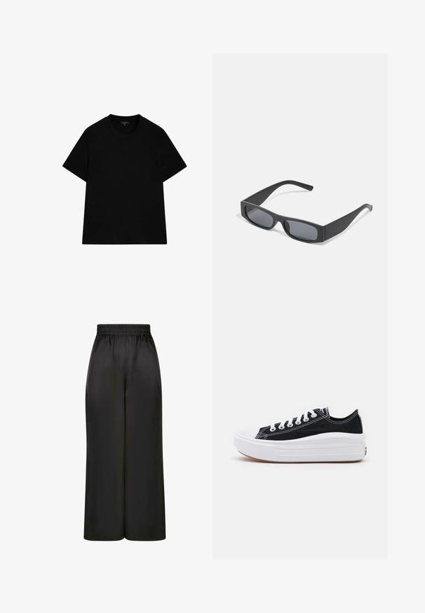 Zwarte, kortsliphals t-shirt van katoen. Heeft een ronde halslijn, een comfortabele pasvorm en geen patronen of versieringen.; Zwarte wijde broek gemaakt van soepel, glanzend materiaal met een elastische tailleband en zonder zichtbare zakken of hardware-details.; Zwarte canvas sneakers met witte veters, een witte rubberen teenkap en een chunky witte tussenzool. Bevat subtiele witte stiksels en een gumzool.; Zwarte rechthoekige zonnebril met donkere lenzen en dikke matte monturen. De zijstukken zijn licht taps toelopend met een gladde textuur.