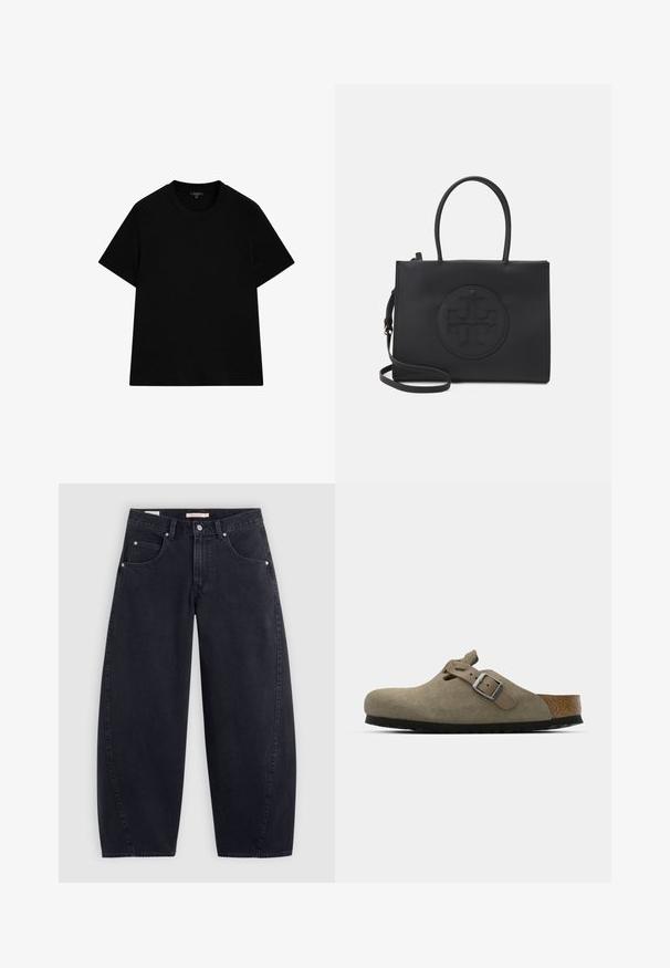 Zwarte, kortsliphals t-shirt van katoen. Heeft een ronde halslijn, een comfortabele pasvorm en geen patronen of versieringen.; Zwarte denim wijde pijpen jeans met een hoge taille, twee frontzakken en zilveren hardware. Gladde textuur, minimale stiksels en rechte snit.; Suède klompen in licht olijfgroen met een gevormde kurk- en rubberen zool. Voorzien van een zijriem met een metalen gesp en een ronde neus.; Zwarte handtas van glad materiaal met dubbele handvatten, een afneembare schouderband en een ronde reliëflogo-detail aan de voorkant.