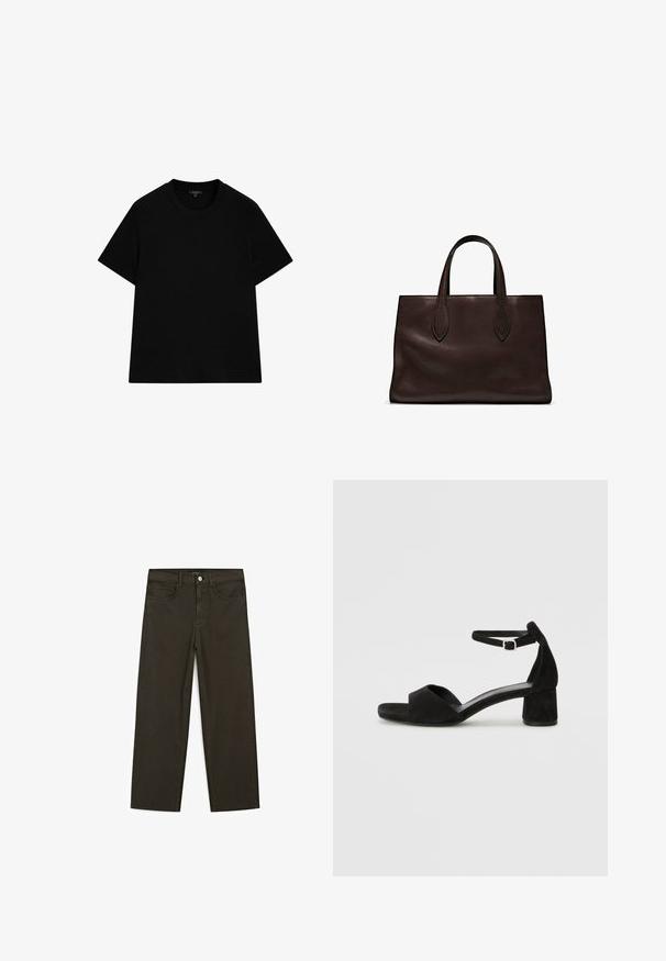 Sort, kortærmet t-shirt lavet af bomuld. Har en rund halsudskæring, en afslappet pasform og ingen mønstre eller dekorationer.; Mørkegrønne brede jeans lavet af en bomuldsblanding, med en frontlukning med knap, fem lommer og klassisk denim-syning.; Sorte ruskind hælede sandaler med en tynd ankelsnor, åben tå design og en beskeden blokhæl. Glat tekstur og minimale detaljer.; Brun læder tote bag med to forlængede håndtag, struktureret rektangulær form, glat overflade og subtile syninger.