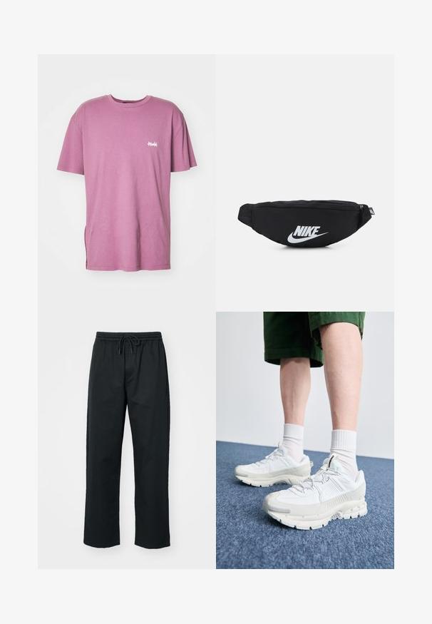 Rožinė medvilninė marškinė su trumpomis rankovėmis, apvalia iškirpte ir šonine plyšiu; turi mažą baltą logotipą kairėje krūtinės pusėje.; Converse STRAIGHT LEG PANTS - Kelnės - black; Baltos sportinės bateliai su tekstūruotais uždengimais, masyviu padu ir pilkais akcentais. Dėvimi su baltais trumpais kojiniais ir žaliais šortais mėlyname paviršiuje.; Juodas nertinis fanny pack'as su užtrauktuku, su dideliu baltu "Nike" logotipu. Lygus paviršius ir ergonomiškas dizainas patogiam nešimui.
