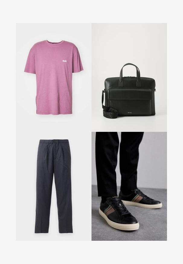 Ružičasta pamučna majica s kratkim rukavima, okruglim izrezom i bočnim prorezom; sadrži mali bijeli logo na lijevoj strani prsnog koša.; Tamno plave hlače od mekanog materijala s plićim prednjim dijelom i elastičnim pojasom. Imaju zatvaranje na gumb i ravno krojenje.; Crne kožne tenisice s višebojnim prugastim akcentima, okrugli vrh i bijele gumene potplate, s vezicama i urezanim logotipom.; Crna kožna aktovka s dvije gornje drške, prednjim džepom i sklopivim remenom, s suptilnim brandingom na dnu.