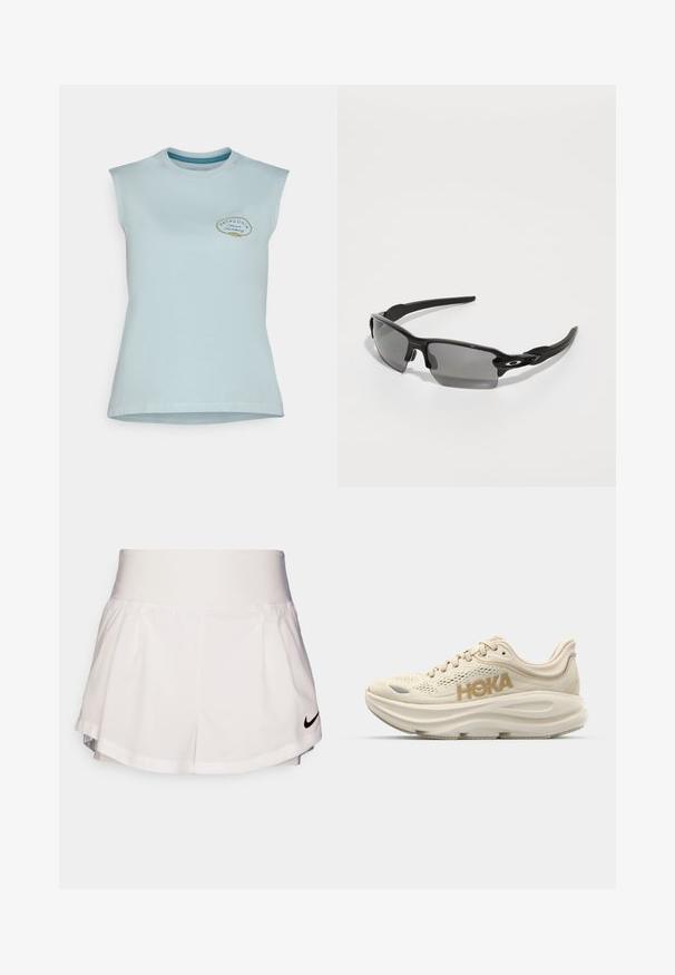 Light blue sleeveless cotton t-shirt with a round neckline and a small printed logo on the left chest, featuring a smooth texture.; Nike Performance SHORT - Sports shorts - white/black; Light beige running shoe with mesh upper, padded collar, prominent "HOKA" logo in gold, and thick, cushioned sole for comfort.; Black sports sunglasses with gray lenses, a curved frame design, and logo detail on the side. Made from lightweight plastic material.