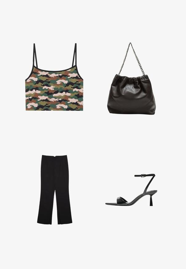 Tarnfarbenes Crop-Top mit grün, braun und pinken Mustern. Hergestellt aus weichem Stoff mit dünnen verstellbaren Trägern und einem schwarzen Saum.; Schwarze Hose mit geradem Schnitt, ausgestattet mit Fronttaschen und Seitenschlitzen am Saum. Hergestellt aus weichem, glattem Stoff. Geeignet für verschiedene Anlässe.; Bershka High Heel Sandalette - black; Braune Lederhandtasche mit gerafftem Oberteil und Kettenriemen. Glatte Textur mit glänzendem Finish und subtilen Nahtdetails an den Seiten.