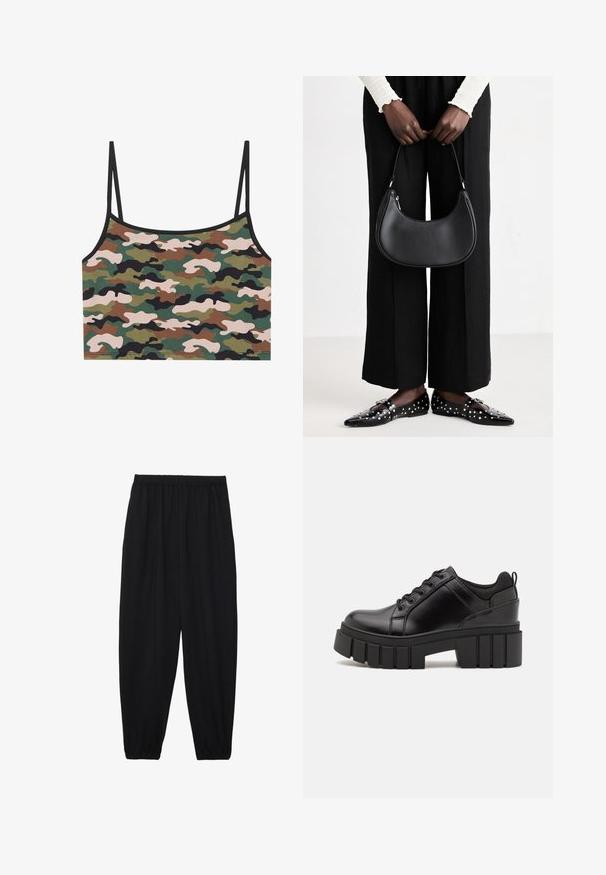 Top corto in camouflage con motivi verdi, marroni e rosa. Realizzato in tessuto morbido con spalline sottili e regolabili e un bordo nero.; Pantaloni neri leggeri con vita elastica e caviglie arricciate. Il tessuto è liscio e presenta un design rilassato e affusolato.; Scarpe platform in pelle nera con tacco a blocco robusto, punta rotonda e design tradizionale con lacci. Presentano una superficie liscia e dettagli minimi.; Borsa a spalla in pelle nera con forma arrotondata, finitura lucida e accessori in argento. Persona che indossa pantaloni ampi neri e mocassini con borchie.