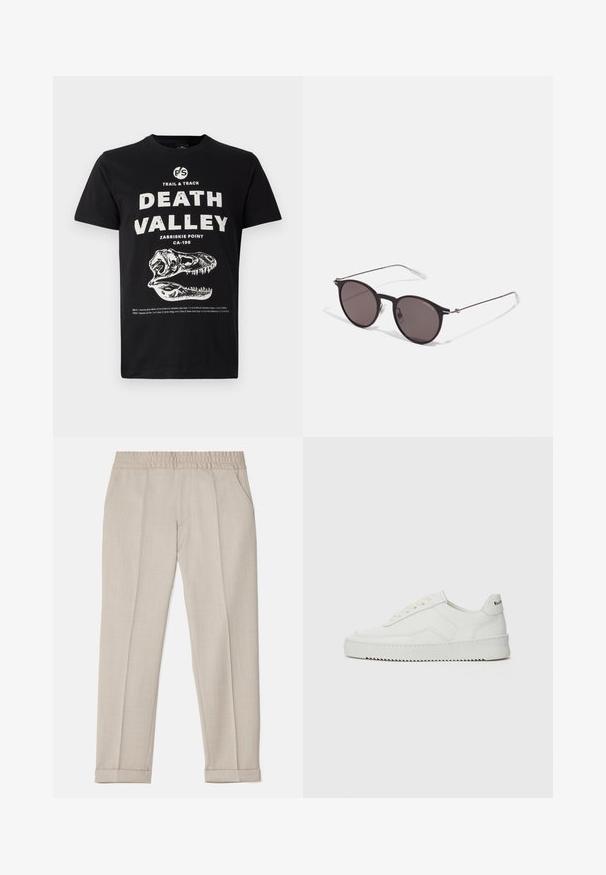 Svart bomullströja med ett dinosaurieskelett som grafik. Har iögonfallande vit text som säger "DEATH VALLEY" och stigar detaljer längst ner.; Filippa K TERRY CROPPED TROUSERS - Tygbyxor - sage melange; Vita lädersneakers med en jämn yta, rund tå, platta snörningar och en strukturerad sula. Har en diskret logotyp på hälen.; Svarta runda solglasögon med mörka linser och smala metallarmar. Inkluderar klara tempeltips och silverdetaljer vid gångjärnet. Minimalistisk design.