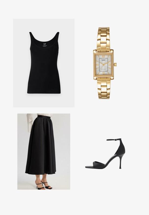 Črn top brez rokavov iz raztegljivega bombaža, s širokim izrezom in širokimi naramnicami. Gladka tekstura brez vidnih vzorcev ali poudarkov.; Črna dolga krila iz gladkega materiala, ki imajo zbrano pasnico in sproščen dizajn, kombinirana s črnimi sandali na peto.; Mango Sandali z visoko peto - black; Zlato obarvana pravokotna ročna ura z belo številčnico, srebrnimi kazalci in trdno kovinsko zapestnico. Vključena je vodoodporna funkcija.