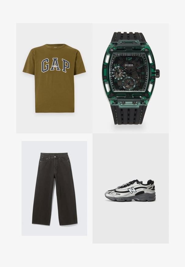 Olive green cotton T-shirt with short sleeves, featuring a white and navy "GAP" logo and "Athletic" text in the center.; Wide-leg black denim jeans feature a high waist, five-pocket design, and a button-fly closure. The fabric has a soft, textured finish.; Silver and black athletic shoes featuring a mesh upper, cushioned sole, lace-up design, and side branding detail.; Guess watch featuring a rectangular green plastic case, black textured rubber strap, and multiple dials with bold numbers and accents.