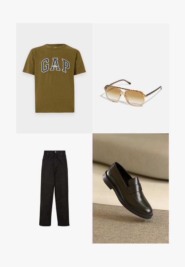 Olīvzaļš kokvilnas T-kreklis ar īsām piedurknēm, centrā ar balto un tumši zilo "GAP" logo un tekstu "Athletic".; Melni platajā izgriezuma kokvilnas bikses ar gludu virsmu, kurām ir divas priekšējās kabatas, pogas aizdare un taisns griezums.; Melnas ādas loafers ar gludu apdari, noapaļotu purngalu un dekoratīvu siksniņu pāri priekšpusei uz zemu papēdi.; Korpusa ar bruņurupuča rakstu, taisnstūra formai ar brūnām gradientā toni lēcām un gludiem melniem kātiem, kas papildināti ar diskretām logotipa akcentiem.