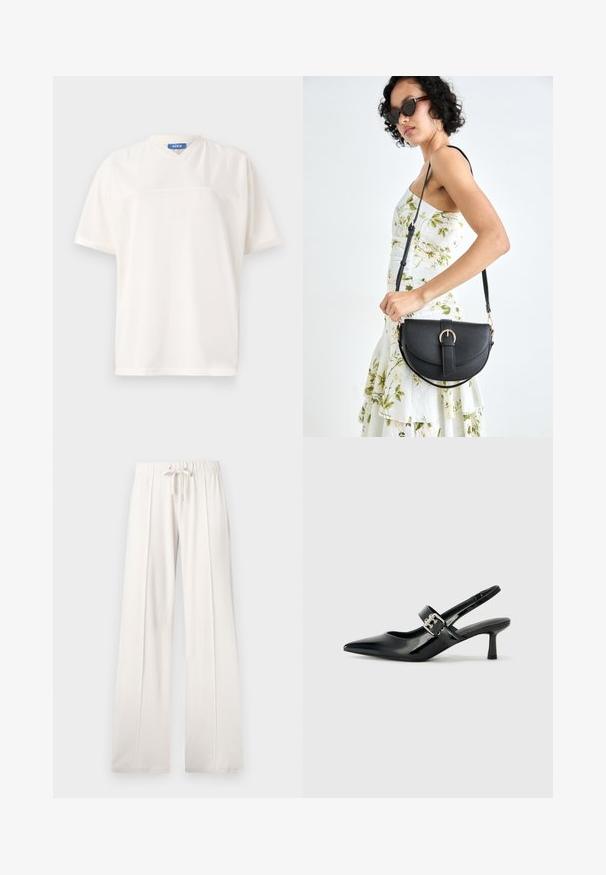 Valge lühikeste varrukatega särk v-kaelusega, mis on valmistatud erinevate tihedate ja võrkkangaste tekstuuride segust ning millel on sinise sildiga kaelus.; Heledad beežid püksid, mis on valmistatud pehmest kangast, millel on paelaga vöökoht, laiad sääred ja vertikaalsed õmblused, lisaks sujuv tekstuur.; Mustad patenteeritud nahast sildiga kontsad, millel on terav nina ja väike plokk-konts, mille rihmal on hõbedane pandla aksessuaar.; Mustmust mustraha kõverate joontega, eemaldatava rihmaga ja kuldsete detailidega. Kotil on klapp, millel on pandladetail.