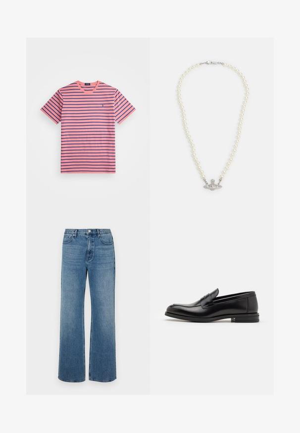 Randig t-shirt i ljusrosa och marinblå. Rund hals, korta ärmar, bomullstyg. Noterbar liten logotyp på vänster sida.; Vida blå jeans i vida ben av denim med en blekt finish. Har fem fickor, knappstängning fram och rak skärning.; Svarta läderloafers med en slät yta, rund tå och ett dekorativt band över främre delen. Låg staplad klack, minimalistisk design.; Pärlhalsband med en klämma i silverfärg. Innehåller runda vita pärlor och ett dekorativt, strassbeströdd mittparti.
