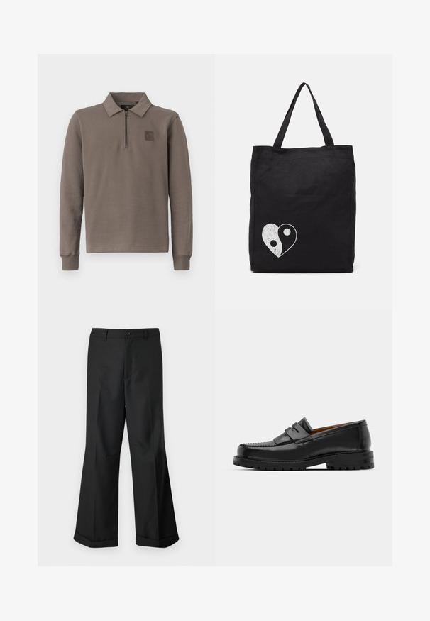 Pikendega pruun polo-särk, millel on neljanda osa tõmblukk ja väike logoplaat vasakul rinnal, esitatud valgel taustal.; Mustad laiad püksid nupuga vöökoha ja cuffidega hemmed, esitatud lihtsa valge tausta taustal.; Mustad mustad nahast kingad on varustatud tõstetud õmblusega, kahe dekoratiivse rihmaga peal, ja paksu tekstuuriga tallaga paremaks haardeks.; Must must kott, mis on valmistatud kangast, millel on valge yin-yang südame graafika. Kaks tugevat sangast, et hõlbustada kandmist. Lihtne ristküliku kujuline disain.