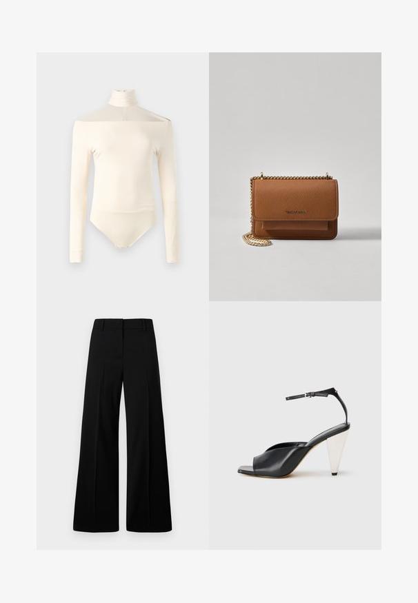 Long-sleeve bodysuit in cream, featuring a high neck, off-shoulder design, and smooth, stretchy fabric with snap closure at the bottom.; Black wide-leg trousers featuring a smooth texture, structured waistband, and front pleats. Minimalist design with no visible hardware.; Black leather high heel sandal with open toe, asymmetrical design, ankle strap, and a metallic cone-shaped heel. Smooth texture throughout.; Brown textured leather crossbody bag with gold chain strap and flap closure. Front features logo detail and a pocket under the flap.