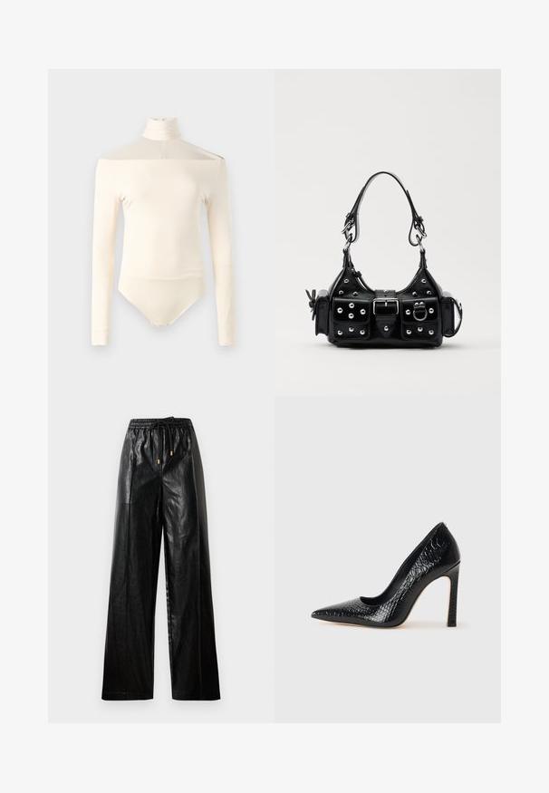 Body a maniche lunghe in crema, caratterizzato da un collo alto, design off-shoulder e tessuto morbido e elasticizzato con chiusura a snap sul fondo.; Pantaloni ampi in pelle nera con cintura elastica, cordoncino e accenti in metallo dorato. Texture liscia e vestibilità ampia.; Scarpa nera con punta a punta alta in pelle di coccodrillo, caratterizzata da un design elegante, alto tacco a spillo e interno nero liscio.; Borsa a mano in pelle nera con design curvo, caratterizzata da borchie argentate, una fibbia e due tasche laterali. Tracolla regolabile per diverse opzioni di trasporto.