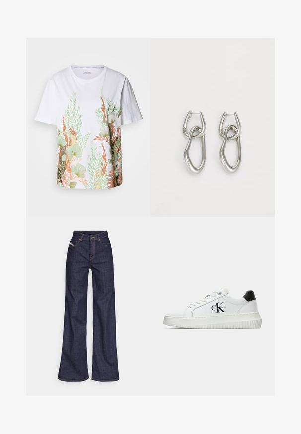 Weißes Baumwoll-T-Shirt mit einem lebhaften botanischen Druck in Grün, Orange und Braun. Kurze Ärmel und runder Halsausschnitt.; Dunkelblaue weite Jeans aus Denimstoff mit hoher Taille, ausgestattet mit orangefarbenen Nähten, fünf Taschen und einem Knopfverschluss.; Weiße Low-Top-Sneaker mit schwarzem Fersenpatch, Plateau-Sohle, Schnürsenkeln und Calvin Klein "CK"-Logo an der Seite.; Calvin Klein STATEMENT LINKS - Ohrringe - silver-coloured