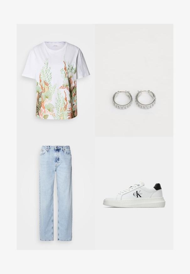 T-shirt bianco in cotone con una vivace stampa botanica nei toni del verde, arancione e marrone. Maniche corte e scollatura rotonda.; Jeans a gamba larga di un blu chiaro, realizzati in denim, con vita alta, lavaggio sbiadito e un sottile motivo tie-dye sulla parte anteriore.; Sneaker bassa bianca con tassello nero sul tallone, suola a piattaforma, lacci e logo "CK" di Calvin Klein sul lato.; Orecchini a cerchio in argento con un design testurizzato caratterizzato da scanalature verticali. Forma circolare con una chiusura a scatto sicura. Finitura liscia.