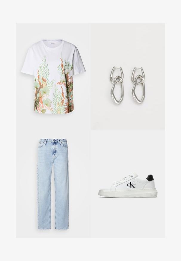 Biely bavlnený tričko s živým botanickým motívom v zelenej, oranžovej a hnedej farbe. Krátke rukávy a okrúhly výstrih.; Svetlomodré široké džínsy vyrobené z denimu, s vysokým pásom, vyblednutým umývaním a jemným vzorom batikovania na prednej strane.; Biele nízke tenisky s čiernym pätkovým dielom, platformovou podrážkou, šnúrkami a logom "CK" značky Calvin Klein na boku.; Calvin Klein STATEMENT LINKS - Náušnice - silver-coloured