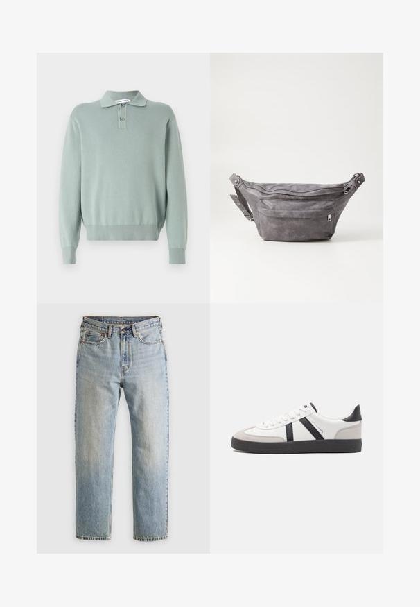 Světle zelený pletený pulover s polo límcem, dvěma knoflíky, žebrovanými manžetami a lemem. Měkká textura a uvolněný střih.; Svetle modré džíny z denimu s vysokým pasem, předním knoflíkem, zipem a designem s pěti kapsami, ležící rovně na neutrálním pozadí.; Bílé tenisky s černými a šedými akcenty, opatřené texturovaným šedým prstovým krytem, černou gumovou podrážkou a plochými bílými tkaničkami. Čistý design, minimalistický styl.; Šedý semišový ledvinka s kulatým tvarem, dvěma zipovými přihrádkami a nastavitelným popruhem. Obsahuje kovové akcenty.