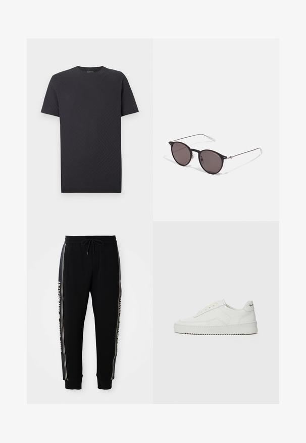 Melnā īsroku T-krekls ar teksturētu zigzaga rakstu, apaļu izgriezumu un taisnu piegriezumu. Izgatavots no mīksta, viegla auduma.; Melnas sporta bikses ar elastīgu jostasvietu, auklu, sānu kabatām, ribotām piedurknēm un baltu "Emporio Armani" tekstu gar sānu svītrām.; Baltas ādas sneakers ar gludu virsmu, apaļu pirkstu daļu, plakaniem šņorēm un teksturētu zoli. Satur diskrētu logotipu uz papēža.; Melni apaļi saulesbrilles ar tumšiem lēca un plānām metāla stangām. Iekļautas caurspīdīgas tempļu galviņas un sudraba akcenti pie eņģes. Minimalistisks dizains.