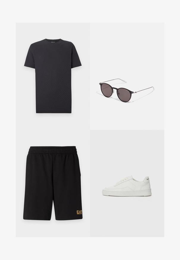 Čierne tričko s krátkym rukávom, ktoré má textúrovaný cikcakový vzor, okrúhly výstrih a rovný strih. Vyrobené z mäkkej a ľahkej látky.; Čierne športové šortky vyrobené z jemného materiálu, s elastickým pásom a malým žltým logom EA7 na dolnej ľavej nohe.; Biele kožené tenisky s hladkým povrchom, okrúly špičkový dizajn, ploché šnúrky a textúrovaná podrážka. Obsahujú jemné logo na päte.; Čierne okrúhle slnečné okuliare s tmavými sklami a tenkými kovovými ramenami. Obsahujú priehľadné konce rámov a strieborné akcenty na pántoch. Minimalistický dizajn.