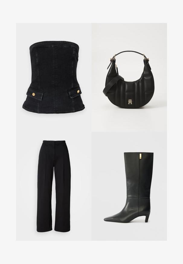 Black denim strapless corset with a fitted design, featuring gold hardware accents and two front pockets. Smooth texture, structured shape.; Black wide-leg pants with a high waist, made of smooth fabric, featuring front pleats and a classic cut. No visible hardware or patterns.; Black leather knee-high boot with a pointed toe and a small heel. Features a sleek design with a gold accent detail. Smooth texture.; Black leather handbag with a curved shape, quilted texture, and gold hardware. Features a detachable shoulder strap and logo detail.