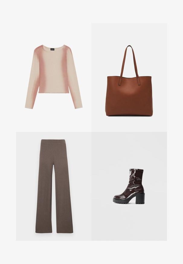 Langermet topp i myk, elastisk stoff. Med en gradient fra lys beige til rosé, rund hals og cropped design.; Ribbede bukser med vide ben i en mørk brun farge, med elastisk midjebånd og et mykt, teksturert stoff.; Glinsende burgunder ankelstøvel med en kraftig svart hæl, med en glatt tekstur og enkelt design. Ingen synlige lukkinger eller mønstre.; Brun lær tote veske med en jevn tekstur, åpen toppdesign og to skulderstropper. Har minimal søm og ingen synlige spiker.