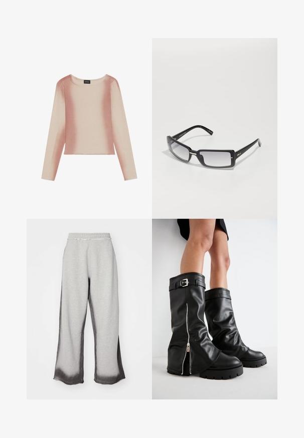 Pikad varrukad pehmest, venivast kangast tipp. Omab liikuvaid toone heledast beežist õrnroosa, ümmarguse kaeluse ja lühendatud disainiga.; Hallid hallid dressipüksid tekstureeritud viimistlusega, millel on järkjärguline tumsinise halli fade hemmi ääres, elastne vöökoht ja lai jalg.; Mustad mustad naha põlve kõrgused saapad, millel on lai vars, külgvipu ja pandla aktsent, tekstureeritud viimistlus ja krobeline kummitald.; Mustad ristkülikukujulised prillid gradient objektiividega, pakse raami ja metallist aktsentdetailidega varrukatel. Ühtlane tekstuur kogu ulatuses.