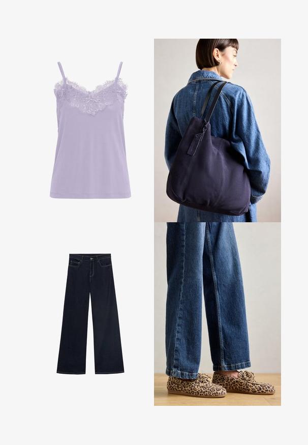 Lavender camisole with lace trim at the neckline. Features thin straps and a soft fabric texture. Straight cut design, no visible patterns.; Moves NELLA - Button-down blouse - mauve mist; Wide-leg jeans in dark blue denim with yellow stitching, five pockets, and a button closure. Smooth texture, casual design.; Leopard print loafers made of suede, featuring a rounded toe, lace-up design, and flat, flexible soles, paired with blue denim jeans.; Navy canvas shoulder bag with a soft, structured shape, featuring a black strap, stitched detailing, and a small brand tag.