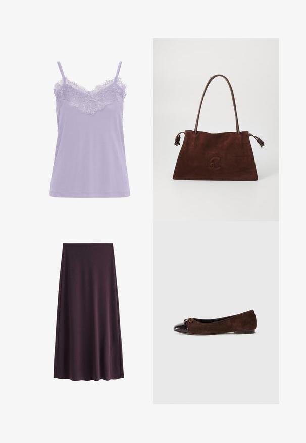 Lavendel camisole med blondekant ved halsudskæringen. Har tynde stropper og en blød stofstruktur. Lige snitdesign, uden synlige mønstre.; Lilla nederdel lavet af glat stof, med en A-formet silhuet og en længde til knæene, uden synlige mønstre eller lukninger.; Brune ruskindsballettsko med en blankt mørkebrun patenteret lædertås og en lille sløjfeaccent foran. Flad hæl.; Brun suede torebagtaske med dobbel læderhåndtag, blød tekstur, flad form og et diskret præget logo på forsiden.
