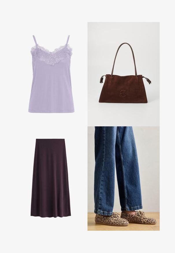 Lavendel camisole med blondekant ved halsudskæringen. Har tynde stropper og en blød stofstruktur. Lige snitdesign, uden synlige mønstre.; Lilla nederdel lavet af glat stof, med en A-formet silhuet og en længde til knæene, uden synlige mønstre eller lukninger.; Læderloafers med leopardmønster, lavet af ruskind, med rund tå, snøre-design og flade, fleksible såler, parret med blå denim jeans.; Brun suede torebagtaske med dobbel læderhåndtag, blød tekstur, flad form og et diskret præget logo på forsiden.