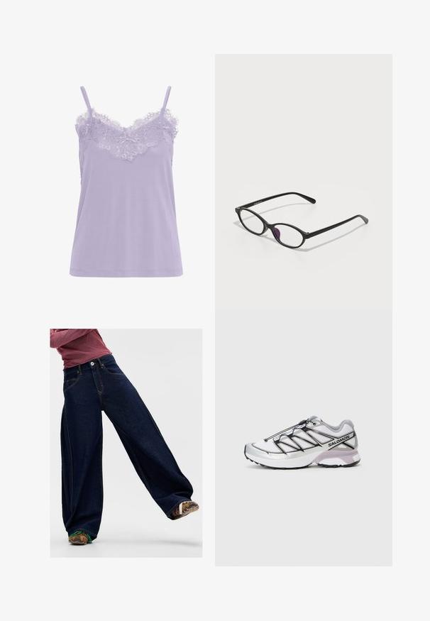 Lawendowa bluzka na ramiączkach z koronkowym wykończeniem przy dekolcie. Posiada cienkie ramiączka i miękką teksturę materiału. Prosty krój, bez widocznych wzorów.; Granatowe spodnie dżinsowe typu wide-leg, wykonane z denimu, z kontrastowym przeszyciem, przednią kieszenią i zapięciem na guzik w talii. Widoczna teksturowana tkanina.; Buty do biegania z lekką, białą siateczką, srebrnymi akcentami i czarnym systemem sznurowania; posiadają teksturowaną podeszwę zapewniającą przyczepność.; Czarne plastikowe okulary w owalnym kształcie, z przezroczystymi soczewkami i jednym fioletowym akcentem na lewym szkle. Elegancki, minimalistyczny design.; Czarna skórzana torba na ramię z dwoma srebrnymi zapięciami, stębnowanymi detalami i regulowanym paskiem. Prostokątny kształt z klapką.