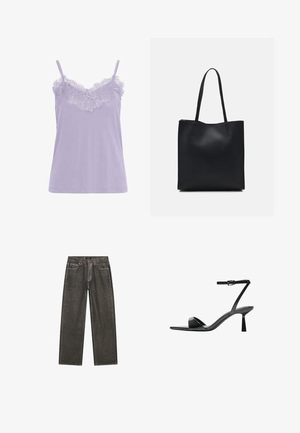 Camisola in lavanda con pizzo sul collo. Caratterizzata da spalline sottili e una consistenza morbida del tessuto. Design a taglio dritto, senza motivi visibili.; Jeans a gamba larga grigio scuro in denim, con un classico design a cinque tasche, cuciture resistenti e zip con chiusura a bottone.; Bershka Sandali con tacco - black; Borsa tote in pelle nera con texture liscia, forma rettangolare e due manici lunghi. Nessun hardware o decorazione visibile.
