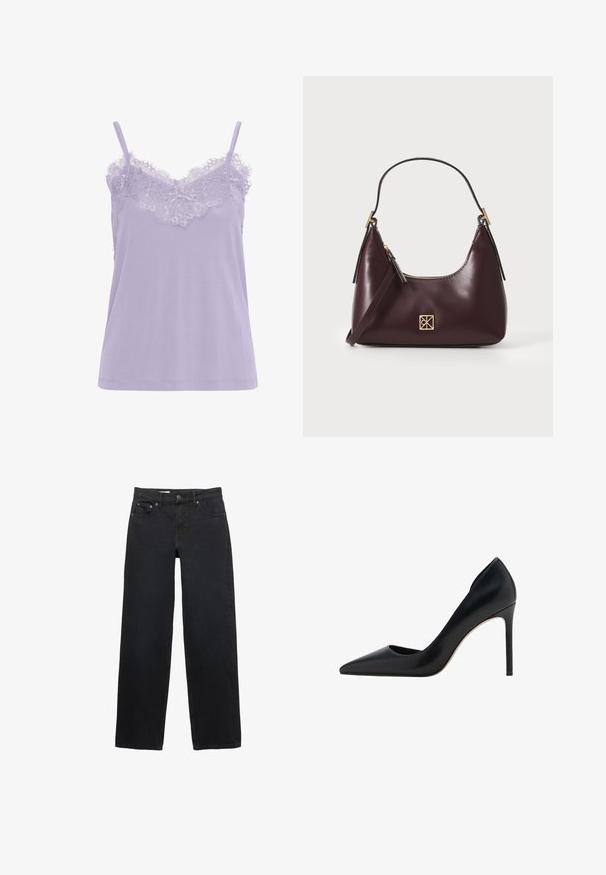 Camisole lavandă cu dantelă la decolteu. Prezintă bretele subțiri și o textură moale a țesăturii. Design drept, fără modele vizibile.; Jeans negre cu croi larg, fabricate din denim, având cinci buzunare, închidere cu nasture, cusături subtile și un tăiat drept de la talie până la poale.; Mango Tocuri înalte - black; Geantă de mână din piele burgundă, cu o formă curbată, accente aurii pe feronerie și închidere cu fermoar. Dispune de o curea de umăr detașabilă.