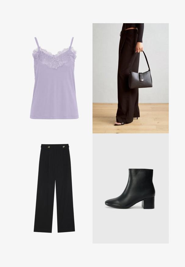 Levandų spalvos kamzolė su nėriniu apykaklės zonoje. Turi plonas petnešas ir minkštą audinio tekstūrą. Tiesaus kirpimo dizainas, be matomų raštų.; Juodi plačios kojos kelnės su aukštu liemeniu, sagų detalėmis ant liemens ir priekinėmis raukšlėmis.; Juodos odinės aulinės botai su smailiu priekiniu pirštu ir storu kulnu. Lygus tekstūra su minimaliomis detalėmis ir elegantišku, tvirtai priglundančiu dizainu.; Juodas rankinė struktūrizuota forma, lygi tekstūra ir metalinis užsegimas. Suporuota su plačiomis juodomis kelnėmis ir atvirais bateliais ant medinių grindų.