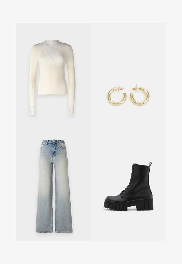 Crème langemouwen top met geribbelde textuur, hoge hals met kanten inleg en kanten accenten bij de manchetten. Aansluitende snit.; Lichtblauwe wijdlopende spijkerbroek van denim, met een hoge taille, vijf zakken en zichtbare stiksels langs de naden.; Zwarte leren enkelboot met een chunky, gegroefd zool, vetersluiting aan de voorkant en een trekband op een gladde witte achtergrond.; Gouden creolen met een gladde, glanzende afwerking. Circulaire vormgeving met een kleine post en een doorzichtige achterkant voor een veilige draagervaring.