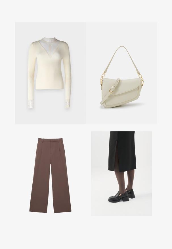 Cream long-sleeve top with ribbed texture, high neck featuring lace inlay, and lace accents at cuffs. Fitted silhouette.; Wide-leg trousers in a solid brown fabric, featuring a smooth texture, front pleats, and a tailored waistband. No visible logos or patterns.; Black leather shoes with a rounded toe, thick block heel, and elastic side accents, paired with dark tights and a black skirt with a slit.; Small cream handbag with a textured finish, a long adjustable strap, a chain accent, and a flap closure. Gold hardware detailing.; Gold hoop earrings with a smooth, shiny finish. Circular design featuring a small post and clear backing for secure wear.