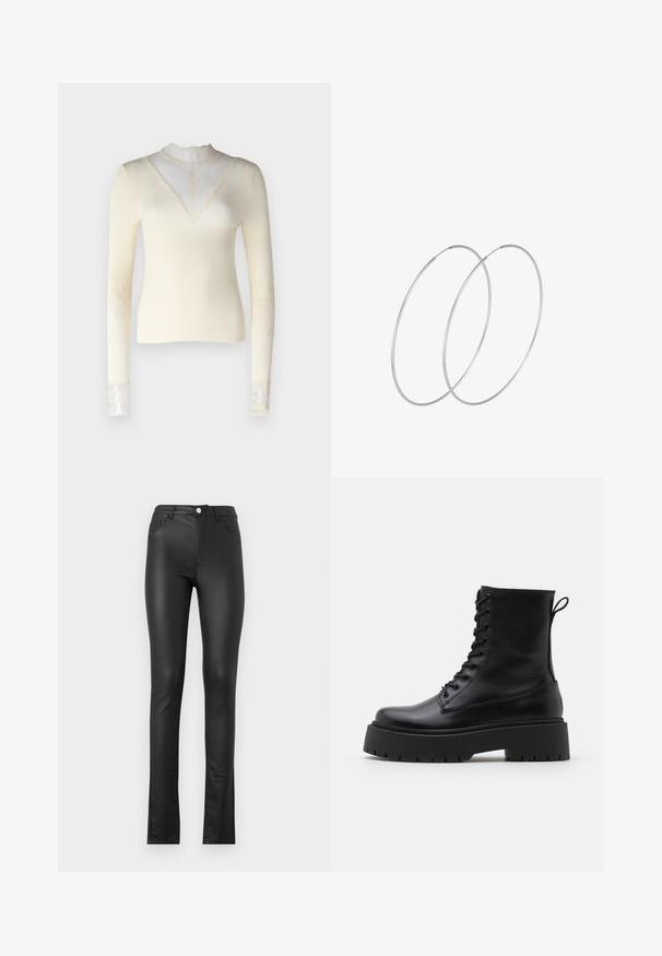 Kreemist pikast varrukast sviitrist, millel on sooniktekstuur, kõrge kaelus, millel on pitsist sisetükid, ja pitsiaktsendid varrukaotsadel. Modell on kategooriliselt jäljendatud.; Mustmust mustrid püksid kitsas lõikes, millel on ees nuppude sulgemine, kaks eesmist taskut ja alumises servas kergelt laienev ääre.; Mustad mustad nahast pahkluu saapad ümarate varvastega, nööridega esiosas ja paksu kummist talla ning tekstuuritud mustriga. Tagumine tõmbeaas.; Hõbedased rõngastikkaehingad minimalistlikus disainis. Ümar kuju, sile tekstuur ja õhuke profiil. Kerged ning poleeritud viimistlusega.