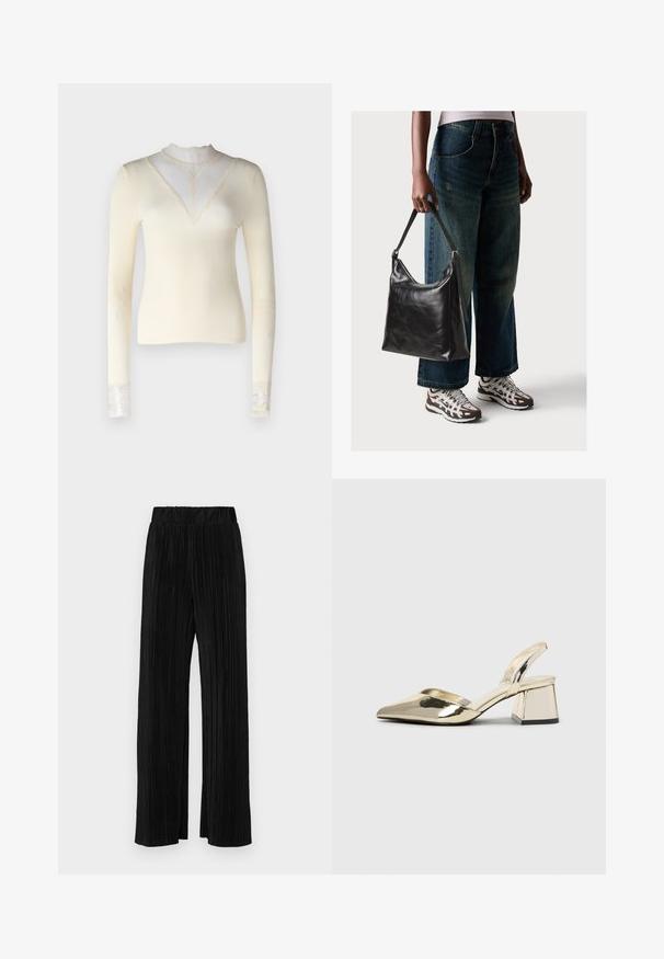 Cremfarbener Langarmoberteil mit gerippter Textur, hohem Kragen mit Spitzenapplikation und Spitzenakzenten an den Bündchen. Enganliegende Silhouette.; Schwarze plissierte Hose mit elastischem Bund. Verfügt über weite Hosenbeine und einen glatten, strukturierten Stoff mit vertikalen Streifen.; Goldene, metallische Slingback-Absätze mit spitzem Zeh und dicker Ferse. Glatte Textur, minimalistisches Design und ein schmaler Riemen.; Schwarze Leder-Schultertasche mit glatter Textur und verstellbarem Riemen, kombiniert mit ausgewaschenen weit geschnittenen Jeans und sportlichen Sneakern.; Ohrringe aus goldfarbenem Metall mit einem schlanken, geschwungenen Design. Sie verfügen über eine markante, spitze Form, eine polierte Oberfläche und einen Scharnierverschluss.