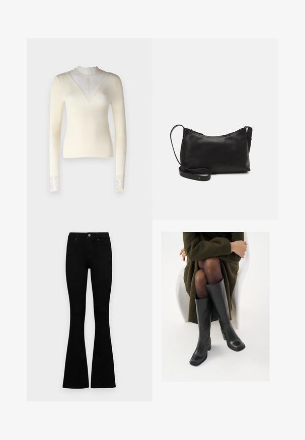 Cremfarbener Langarmoberteil mit gerippter Textur, hohem Kragen mit Spitzenapplikation und Spitzenakzenten an den Bündchen. Enganliegende Silhouette.; Schwarze hochtaillierte Jeans mit einem Knopf- und Reißverschluss, Fronttaschen und ausgestellten Beinen, flach auf einem weißen Hintergrund ausgelegt.; Knöchelhöhe schwarze Lederstiefel mit quadrater Spitze und Blockabsatz, gezeigt mit einem Modell, das einen olivgrünen Mantel trägt. Glatte Textur, minimale Details.; Schwarze Ledertasche für die Schulter mit glatter Textur, geschwungener Form, verstellbarem Tragegurt und Reißverschluss. Minimalistisches Design ohne Verzierungen.