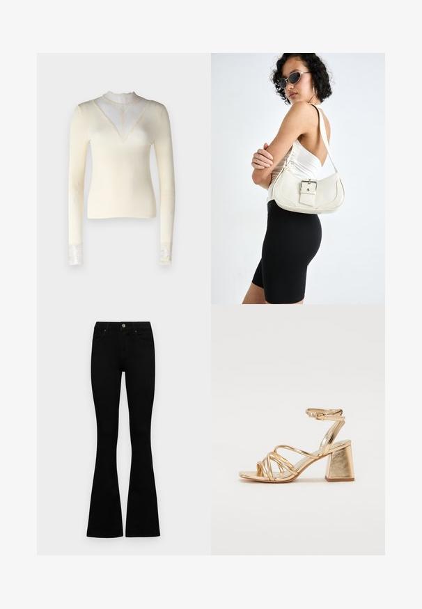 Cream long-sleeve top with ribbed texture, high neck featuring lace inlay, and lace accents at cuffs. Fitted silhouette.; Black high-waist jeans with a button and zip closure, front pockets, and flared legs laid flat on a white background.; Gold metallic heeled sandals featuring a strappy design, square block heel, and adjustable ankle strap with a buckle. Smooth texture.; White leather handbag with a curved shape, adjustable strap, and a small buckle detail. Model wears a fitted black outfit.