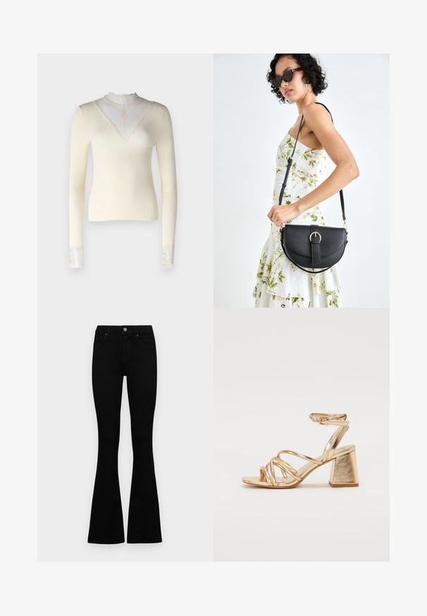 Cream long-sleeve top with ribbed texture, high neck featuring lace inlay, and lace accents at cuffs. Fitted silhouette.; Black high-waist jeans with a button and zip closure, front pockets, and flared legs laid flat on a white background.; Gold metallic heeled sandals featuring a strappy design, square block heel, and adjustable ankle strap with a buckle. Smooth texture.; Black leather handbag with a curved shape, detachable strap, and gold hardware. The bag features a flap with a buckle detail.