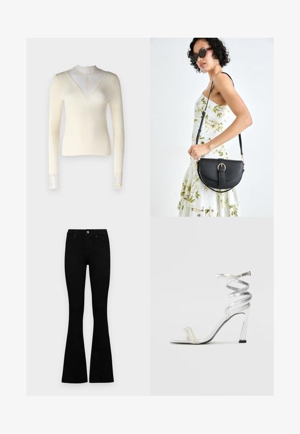 Kremfarget langermet topp med ribbestruktur, høy hals med blonder, og blonde detaljer ved mansjettene. Tettsittende silhuett.; Sorte høytlivsjeans med knapp og glidelås, frontlommer og utsvingte bein liggende flatt på en hvit bakgrunn.; Sølv høyhælte sandaler med et glitrende stroppdesign, som har en perle-lignende akcent og en spiralformet ankelstropp for sikker passform.; Svart lærveske med en buet form, avtagbar stropp og gullbeslag. Vesken har et klaff med spenne-detall.